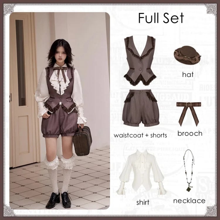 Brown Elegant Ouji Lolita Set Waistcoat + Shorts + Shirt + Mini Hat + Brooch + Necklace