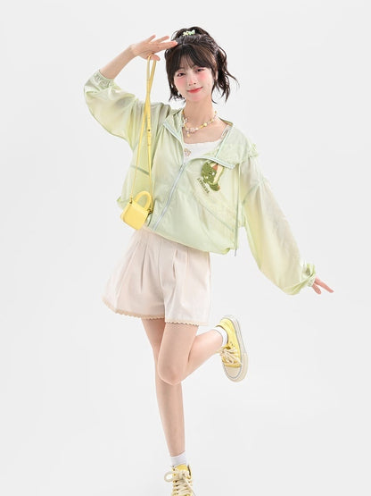 Beige Lace Trim Cotton Shorts