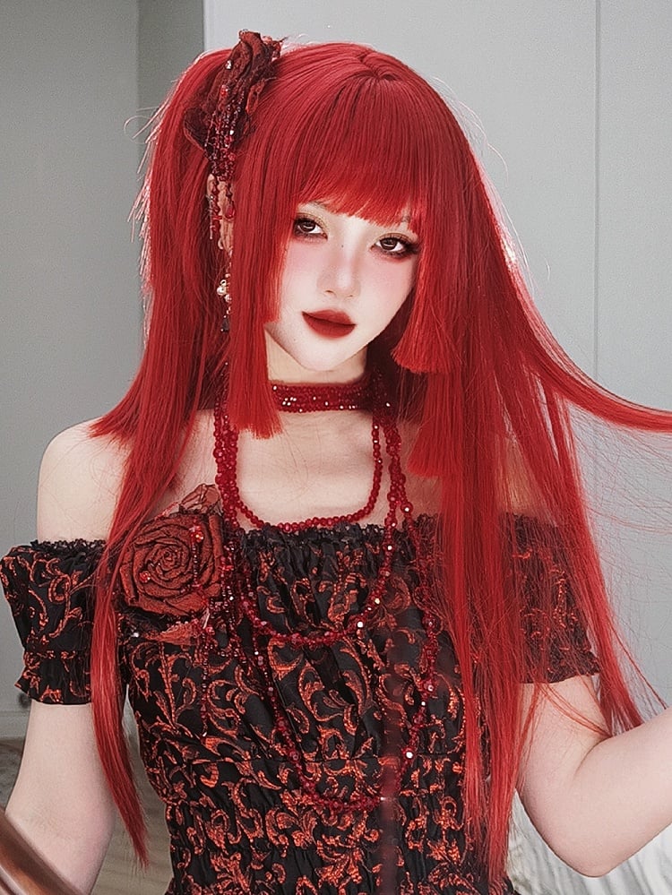 Red Hime Cut Long Straight Synthetic Wig