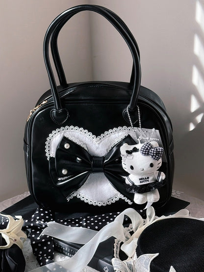 Decorated Sweet Black Hand Beaded Bag Plush Lolita Heart Bowknot