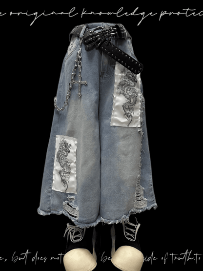 Blue Wide-leg Jeans Dragon Applique Raw Hem Distressed Holes Light