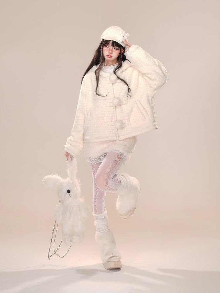 Apricot Bunny Ear Design Thick Hooded Coat