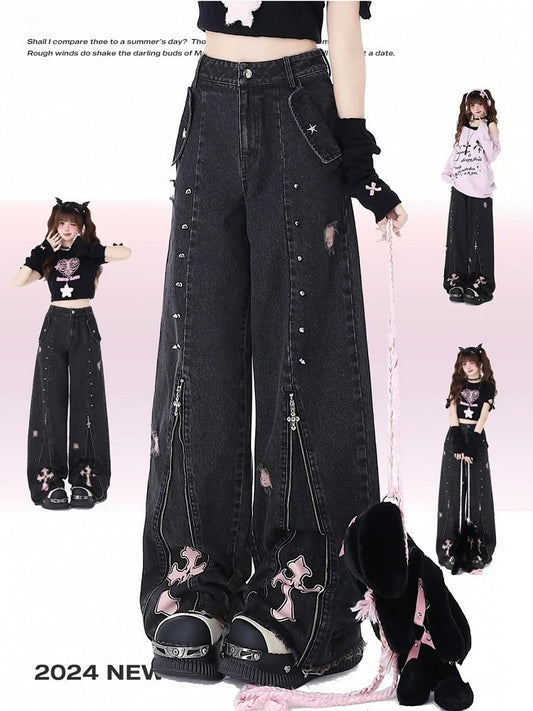 Waist Black Detail Jeans Punk Design Studs Zips High