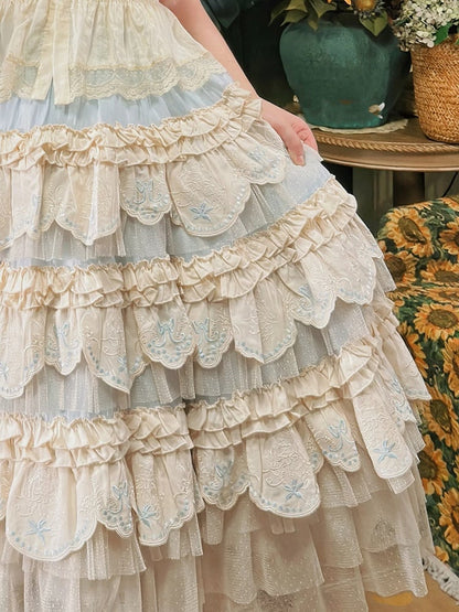 Blue Bunny Layered Embroidered Scallop Trim Hem Lolita Skirt