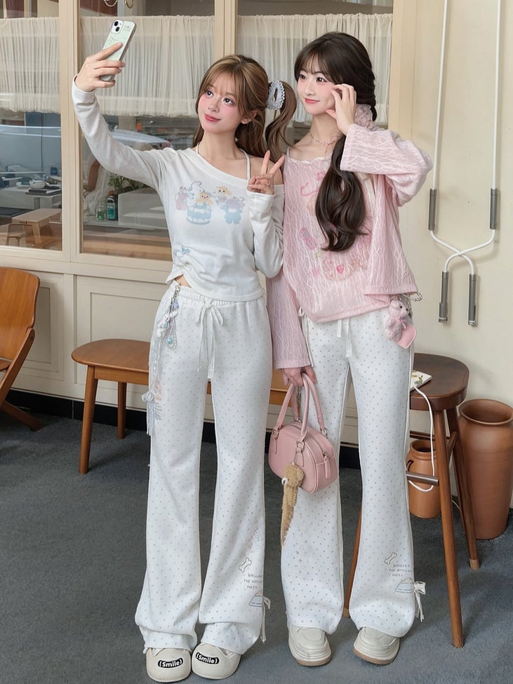 White Blue Flared Pants Version Regular/Long Polka-Dot Lace Bow Adorable Kitten Print