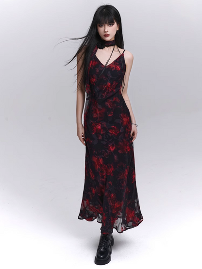 Floral Length Red and Black V-Neck Ankle Slip Dress
