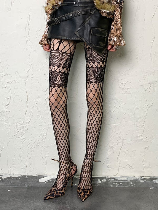 Grey Punk Hollow-out Fishnet Tights