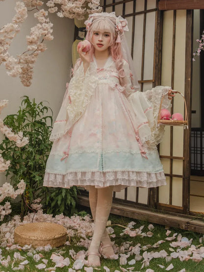 Peach and Peach Blossom Print Pink Empire Waist Han Lolita Dress