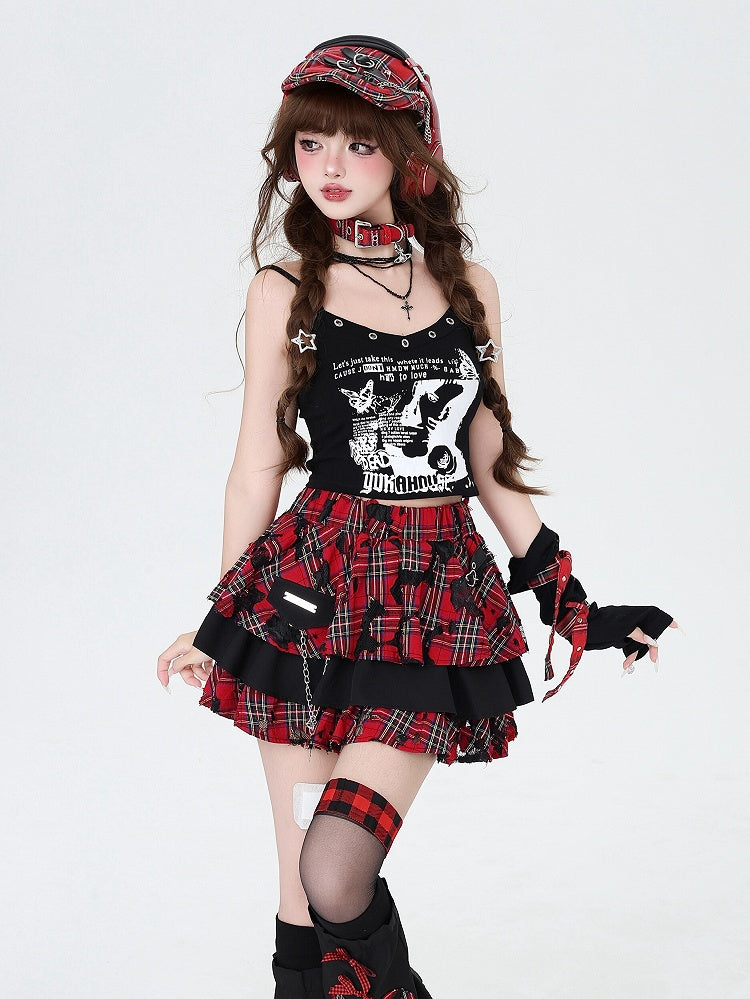 Rock Sleeves Chain Black Leg Red Plaid with Punk Decorated Tiered and Skirt Free