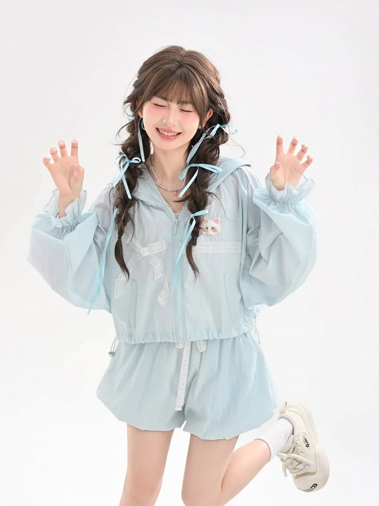 Kawaii Kapuze Spitze Schleife Sonnenschutz Jacke Blau Kitty Ohren Design Yume