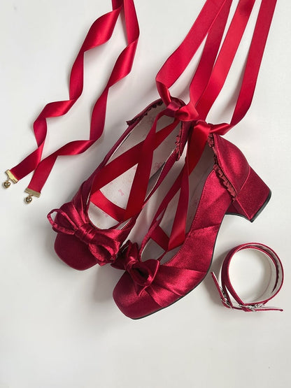 Elegant Wine Mary Red Bow Top Straps Janes Detachable Buckle With Dual at Ankle