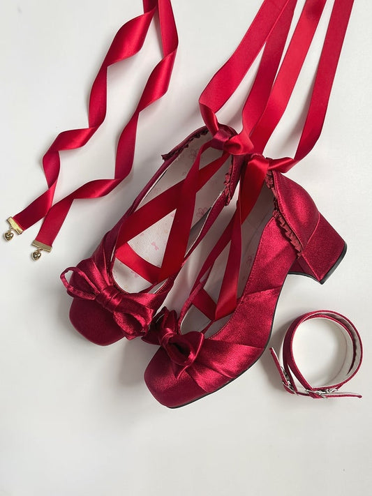Elegant Wine Mary Red Bow Top Straps Janes Detachable Buckle With Dual at Ankle