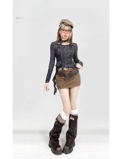 Coffee Shaggy Waistline Skirt with Buckle Belt