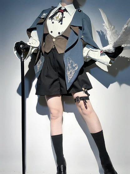 Blue and Brown Ouji Lolita Embroidery Details Pointed Hemline Cape