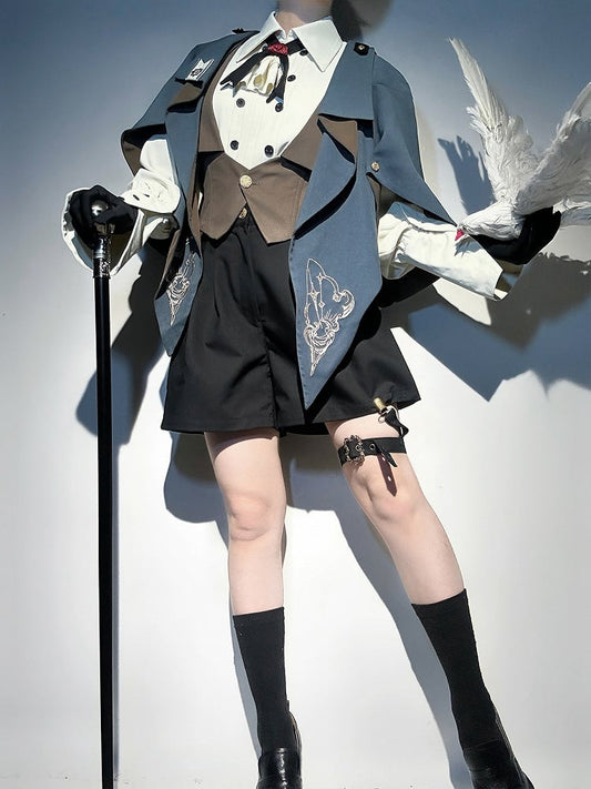 Little Detective Vibes Ouji Lolita Full Set - Long Sleeves Shirt + Cape + Brown Waistcoat + Black Shorts