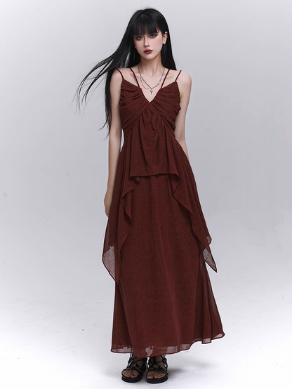 Waist Ankle Length Skirt Dark Red Elastic