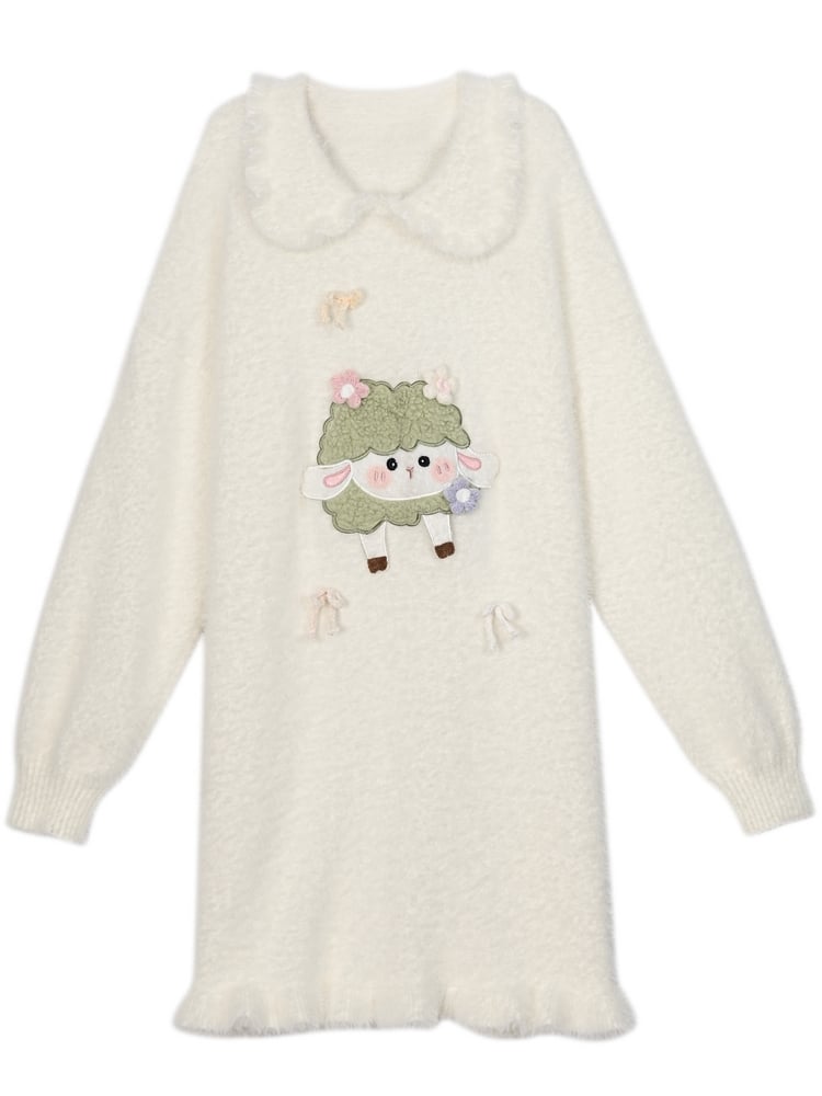 Robe en tricot blanche à col Claudine et appliques d'agneau