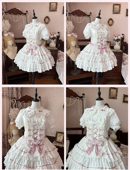 Pink Bow Accents White Tiered Lace Trim Hime Sweet Lolita Dress Skirt Jumper