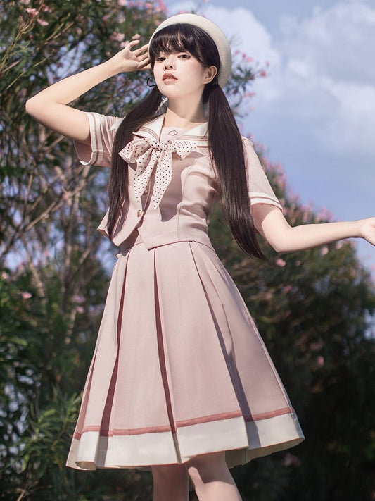 Sleeves Sweet Beige Embroidery Short Collar Sakura Top with Pink Sailor