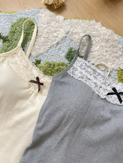 Apricot Gray Lace Trim Bowknot Cami Top