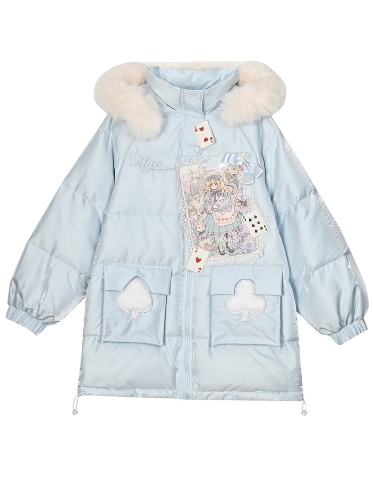 Applique Blue Hooded Down Coat