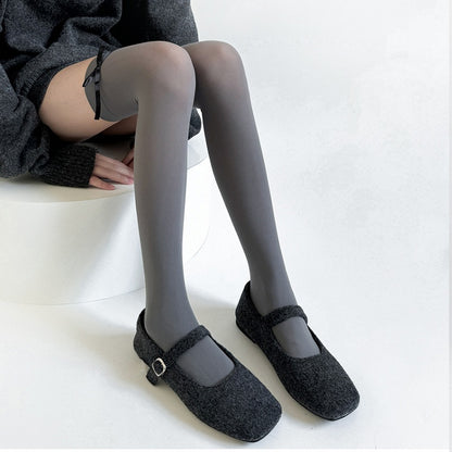 Black Stockings / Semi-sheer Accents Bow Gray JK White