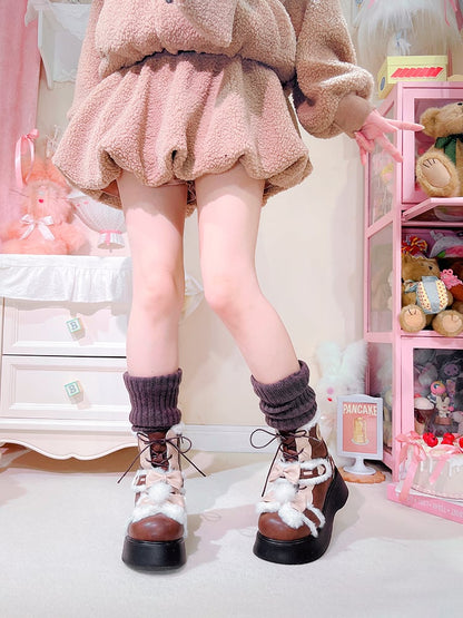 Brown Plush Bunny Ear Platform Fleece Ankle Boots