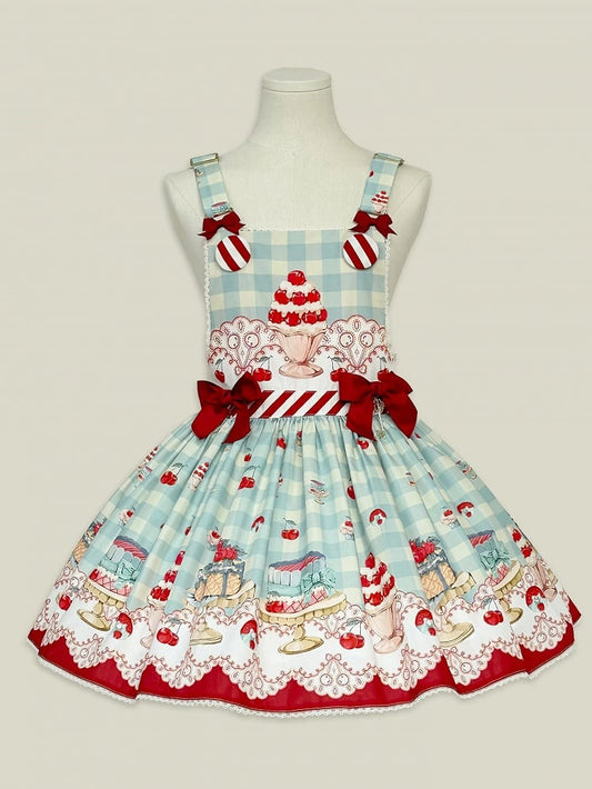 Robe salopette Sweet Lolita vert menthe à imprimé cerises et desserts