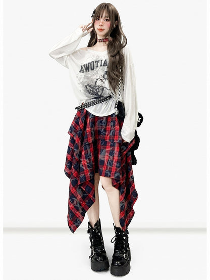 Asymmetrical Print Top Neckline Long Sleeves White Design