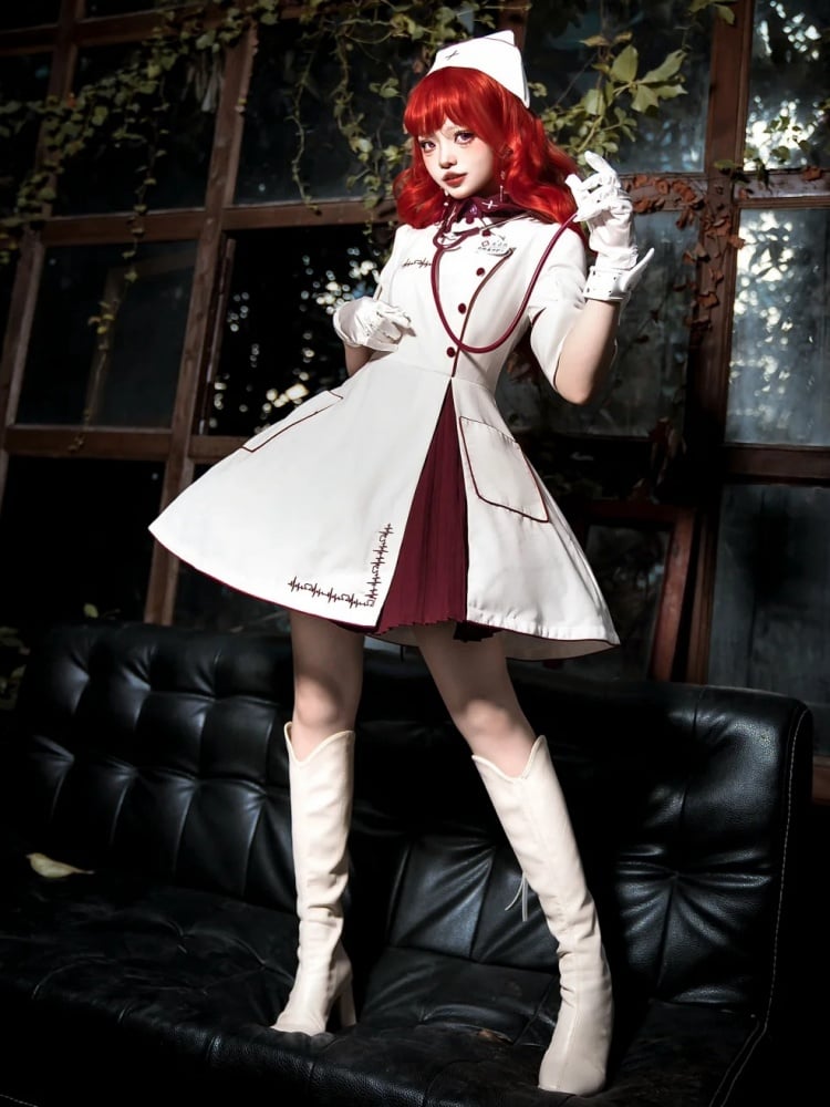 White and Red Halloween Costume Nurse Lolita Dress Full Set