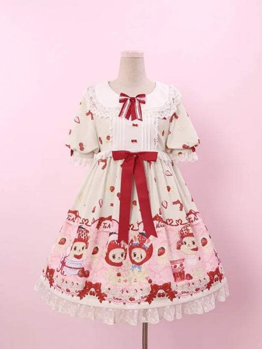 Cottagecore OP Strawberry and Bear Print Sweet Country Beige Chiffon Lolita Dress