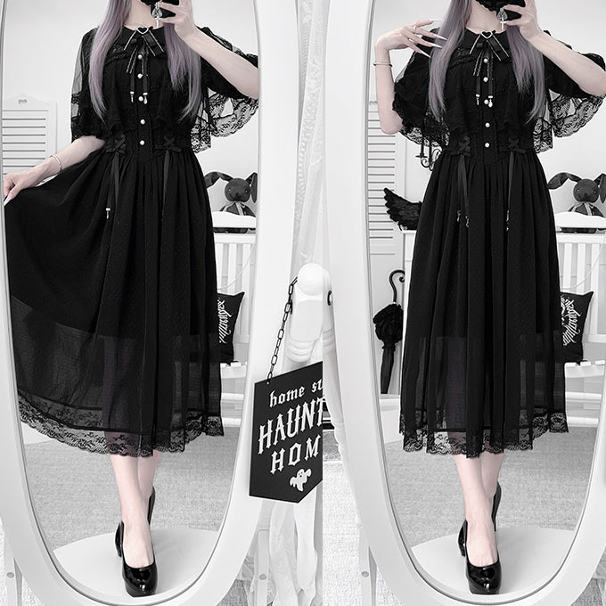 Black with Lace Lace-Up Jirai Silhouette Adjustable and Waist Kei Dress Chiffon Cape