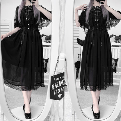 Black with Lace Lace-Up Jirai Silhouette Adjustable and Waist Kei Dress Chiffon Cape
