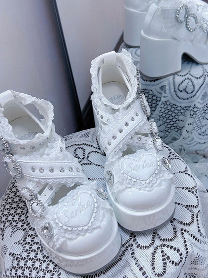 Heel White with Lace-Trimmed Jirai Cross Toe Kei Strap Round Block Platform Shoes: and Chunky