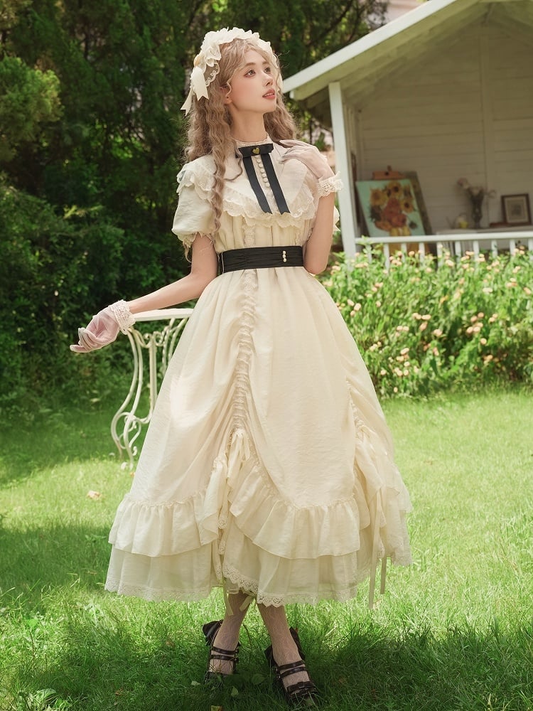 Bows Beige Fashion Drawstring Lolita Dress Black with Design Versatile and Waist Belt
