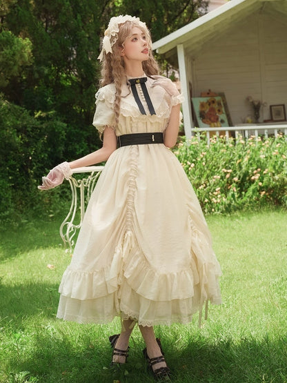 Bows Beige Fashion Drawstring Lolita Dress Black with Design Versatile and Waist Belt