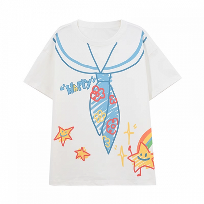 White Round Neck Sailor Collar Print Loose Cute T-Shirt