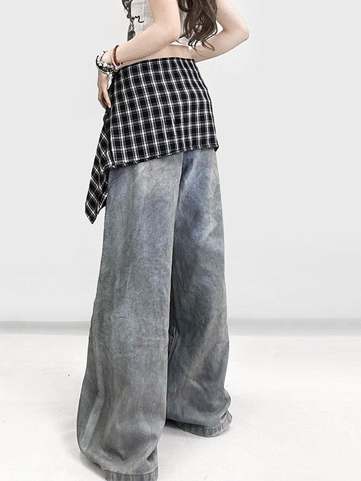 Wide-leg With Blue Bittersweet Jeans BlackWhite Plaid Pattern Accessory Cut Detachable