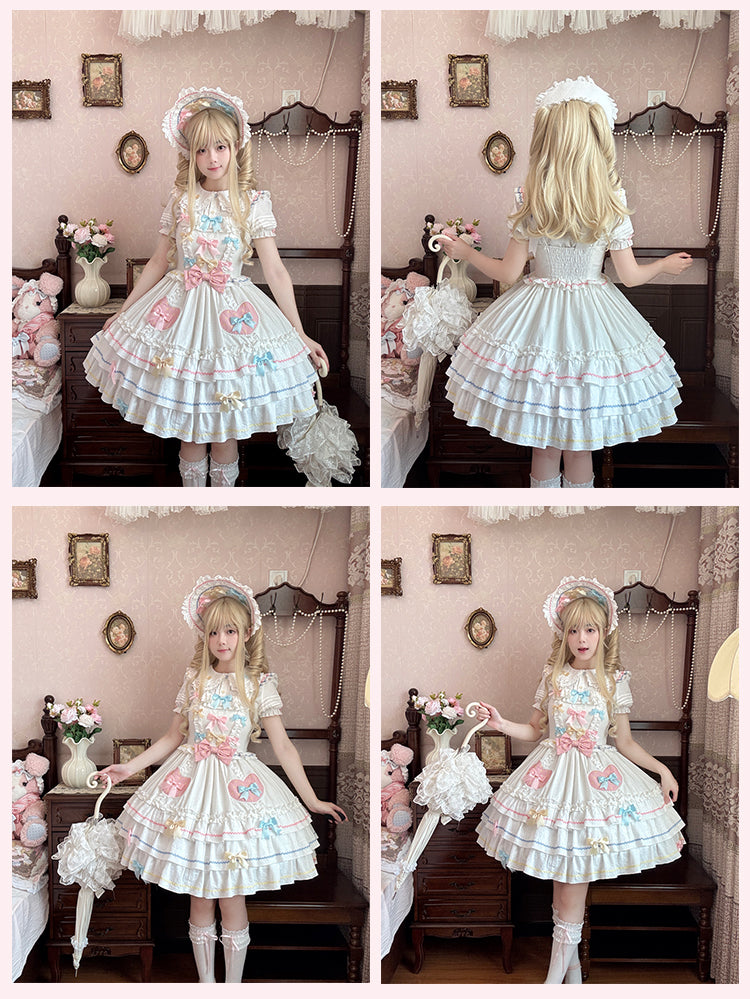 Bowknots White Ruffled Lace Trim Bonnet Macaron Color