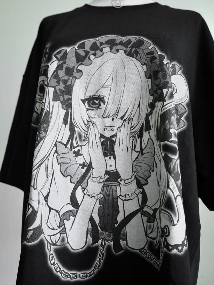 Hals SchwarzWeiß Kei Jirai Runddruck Cartoon Mädchen T-Shirt