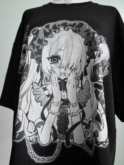 Hals SchwarzWeiß Kei Jirai Runddruck Cartoon Mädchen T-Shirt