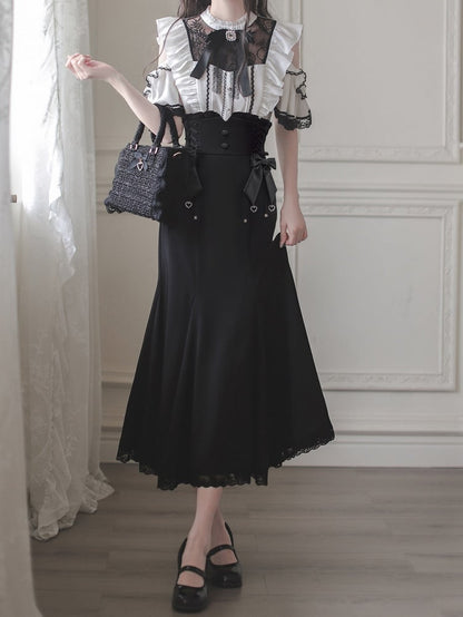 Mermaid Skirt Jirai Kei Black Lace Waist Trim with Lace-up Details at Side