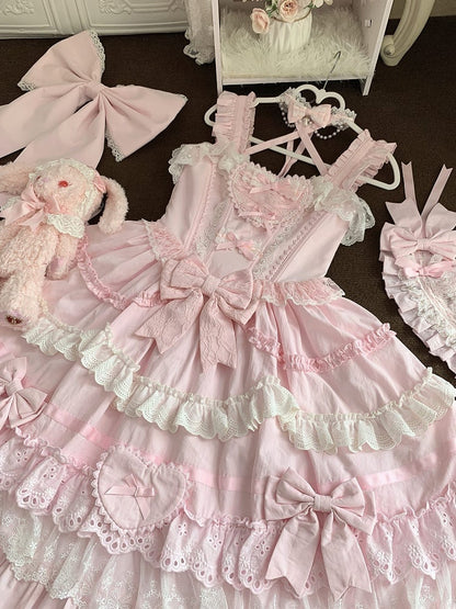 Pink and White Old School Lolita Dress Bows and Heart Shape Decoration Princess Lolita Jumper Skirt