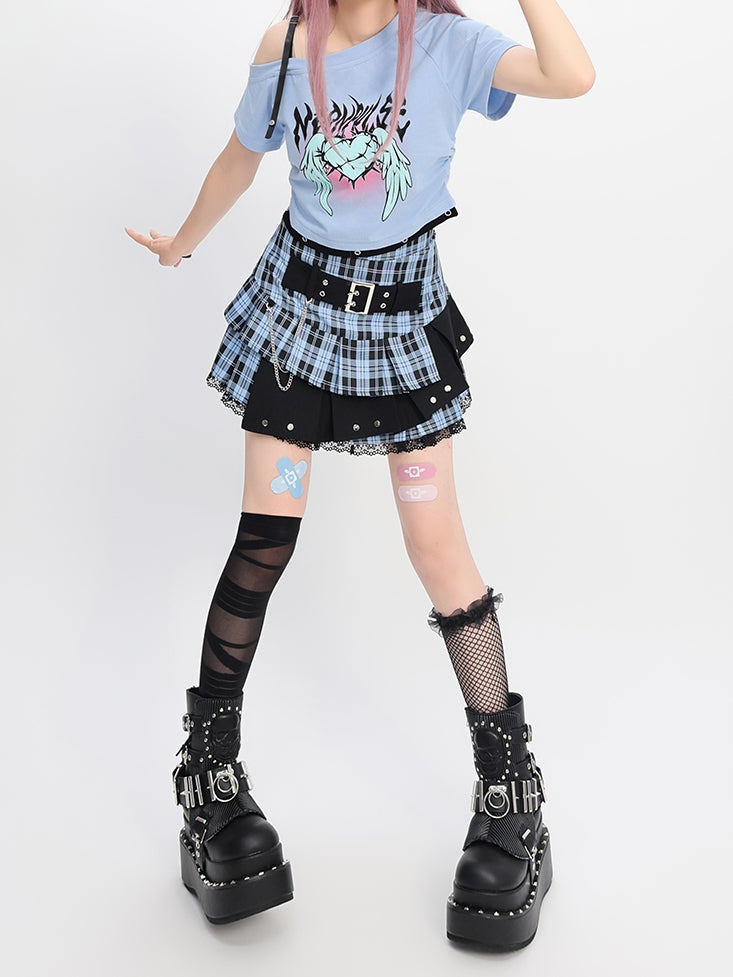 Wings Print Y2K Light Blue Asymmetrical Neckline Heart and T-Shirt