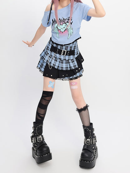 Wings Print Y2K Light Blue Asymmetrical Neckline Heart and T-Shirt