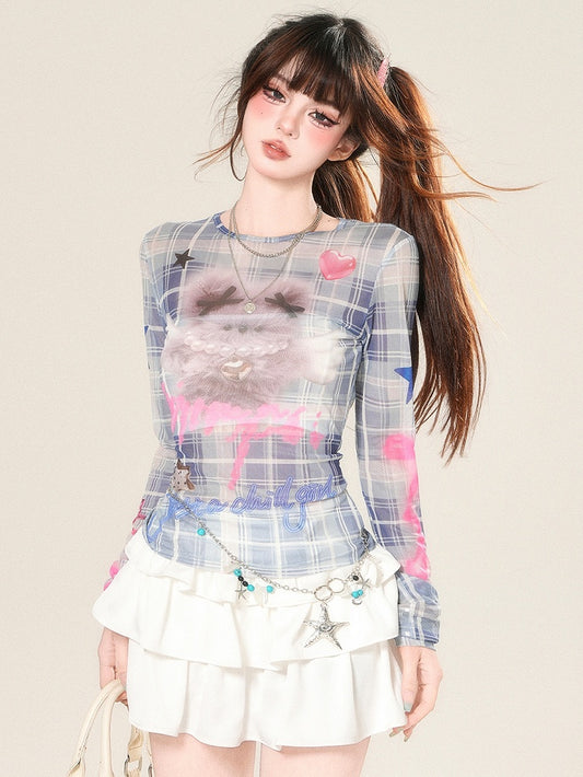 Blue And Glamorous Top Print Pattern Long Sleeves Letter Plaid Doll