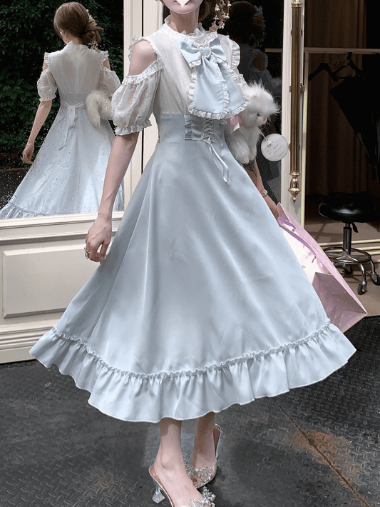 High-Waisted with Blue Light Landmine Maxi Shoulder Open Style Dress