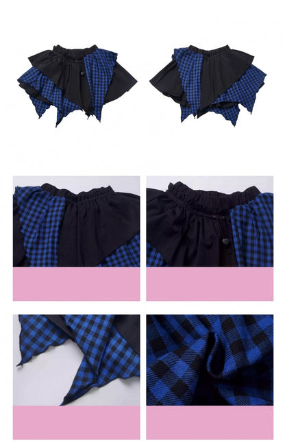 Punk Rock Black and Blue Plaid Handkerchief Hem Skirt