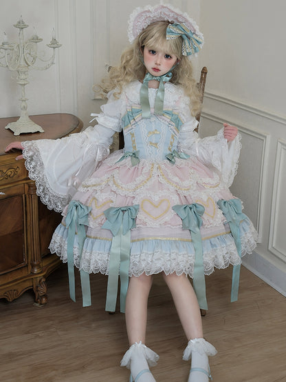 Mint Green Bows Pink and Blue Sweet Lolita Corset Dress with Choker