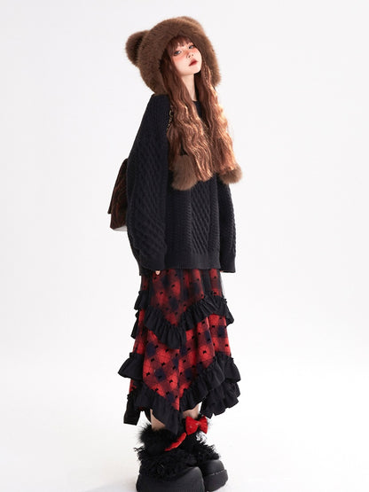 Red Plaid Pattern Asymmetrical Ruffled Hem Skirt Y2K